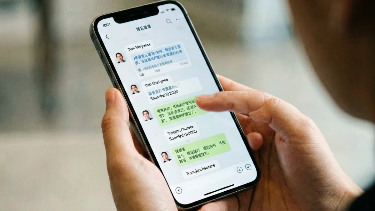 吃瓜黑料 - 手持手机查看黑料截图的人物特写，屏幕上显示多个聊天对话框和疑似证据图片