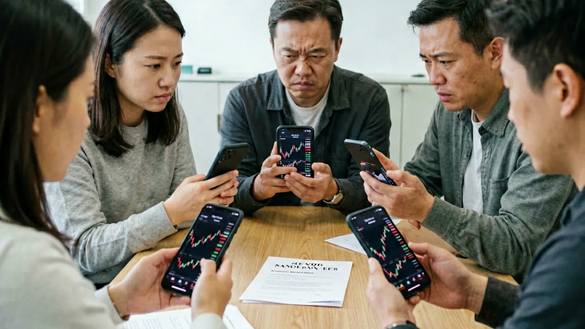 吃瓜黑料 - 财经博主荐股黑料事件示意图，展示散户群体在社交平台联合举报的讨论场景